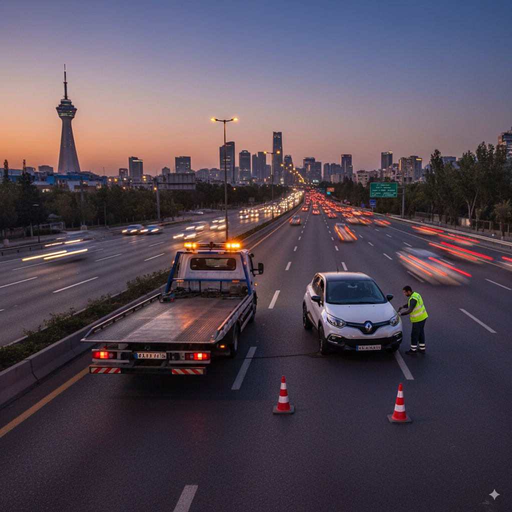امداد خودرو رنو کپچر در تهران با خودروبر تخت و مخروط‌های ایمنی