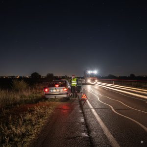 چیدمان مثلث ایمنی پشت رنو خراب شده در جاده و راننده با جلیقه