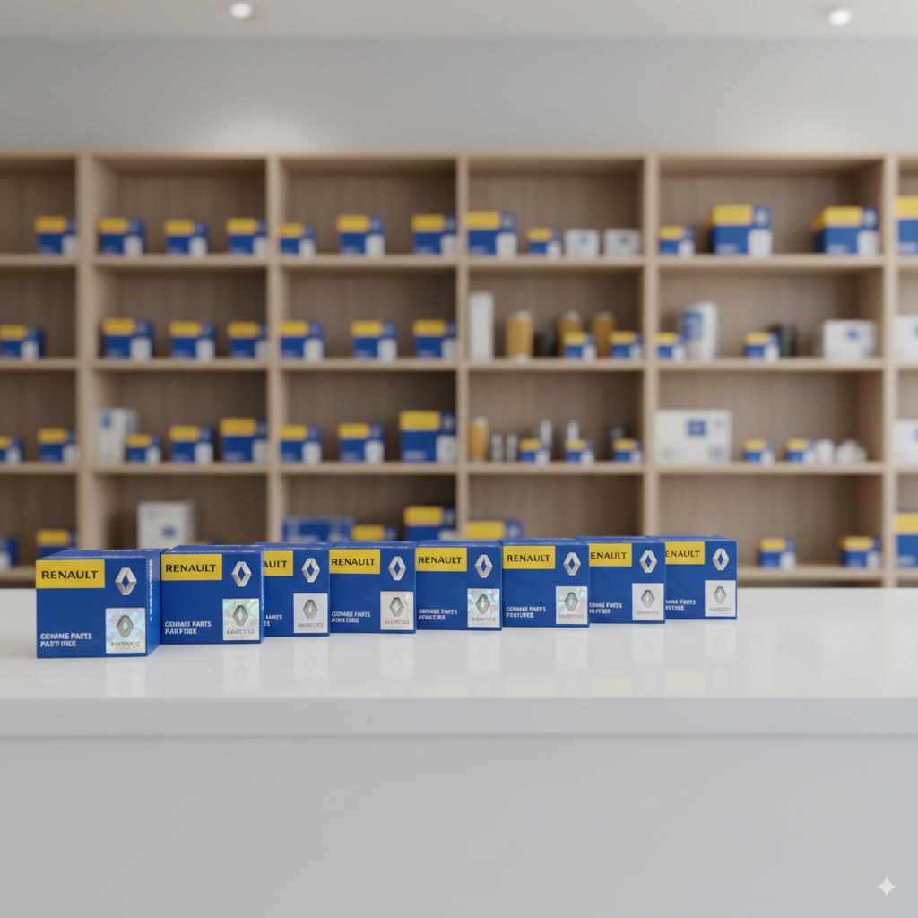 جعبه قطعات اصلی رنو با هولوگرام اصالت روی پیشخوان خدمات