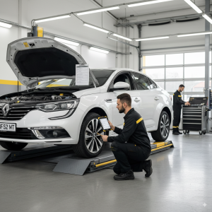 بازدید دوره‌ای خودروی رنو روی جک در تعمیرگاه