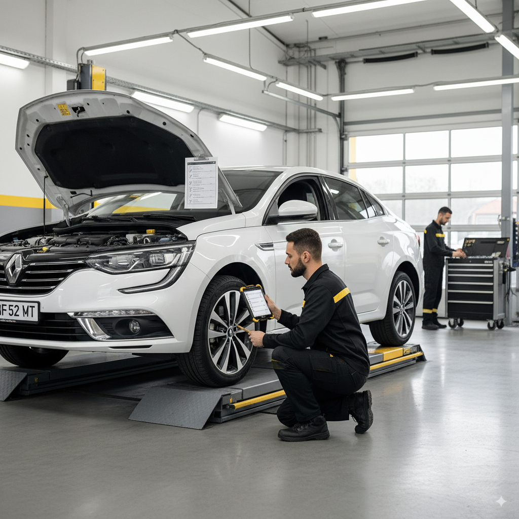 بازدید دوره‌ای خودروی رنو روی جک در تعمیرگاه