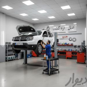 رنو روی لیفت در مرکز خدمات تهران با تکنسین در حال بازبینی