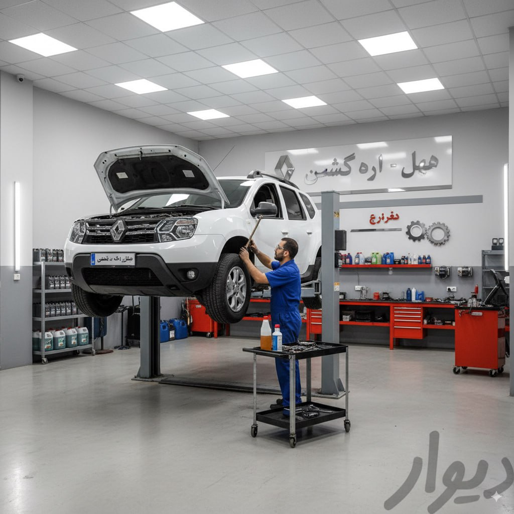 رنو روی لیفت در مرکز خدمات تهران با تکنسین در حال بازبینی