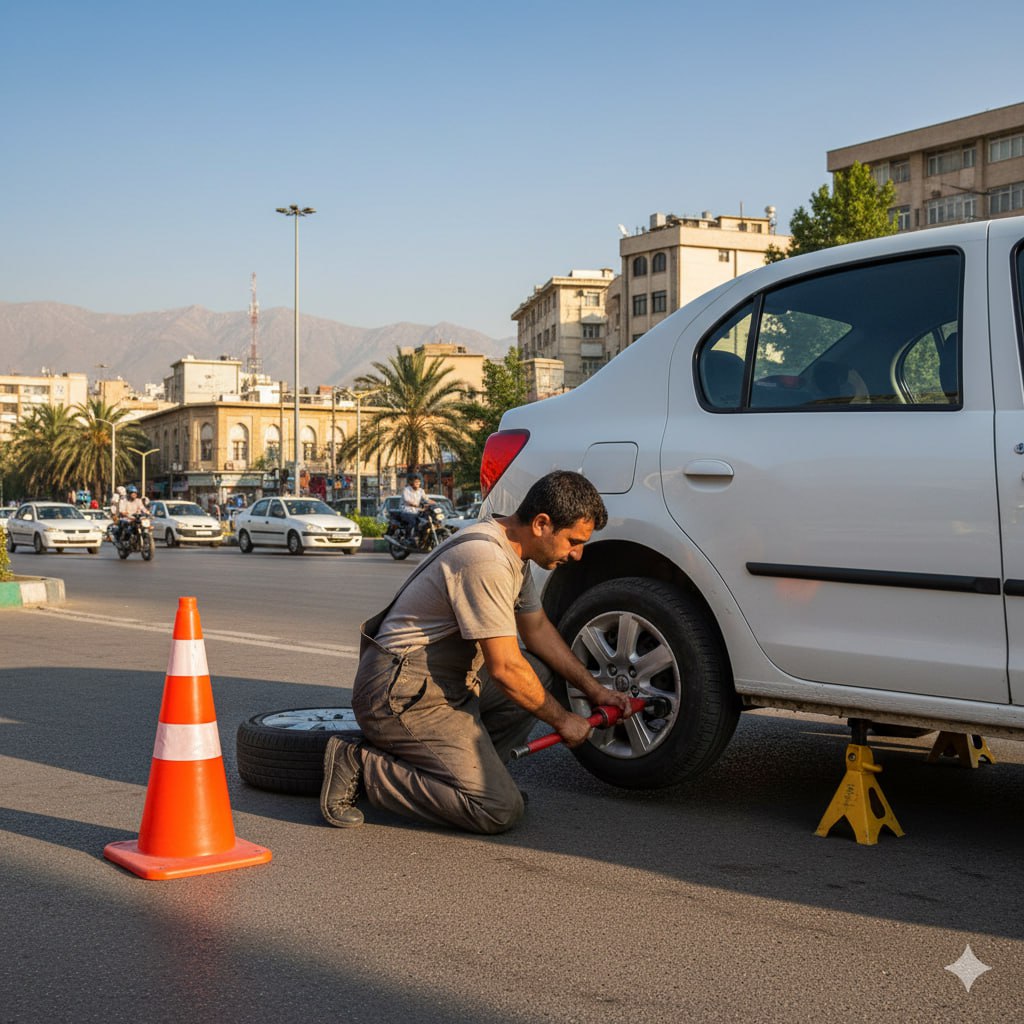 تعویض لاستیک رنو در محل تهران با آچار ترکمتر و جک ایمن