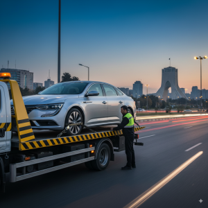 خودروبر تخت حامل یک خودروی رنو در تهران