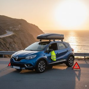 رنو آماده سفر جاده‌ای با باربند و تجهیزات ایمنی کنار جاده