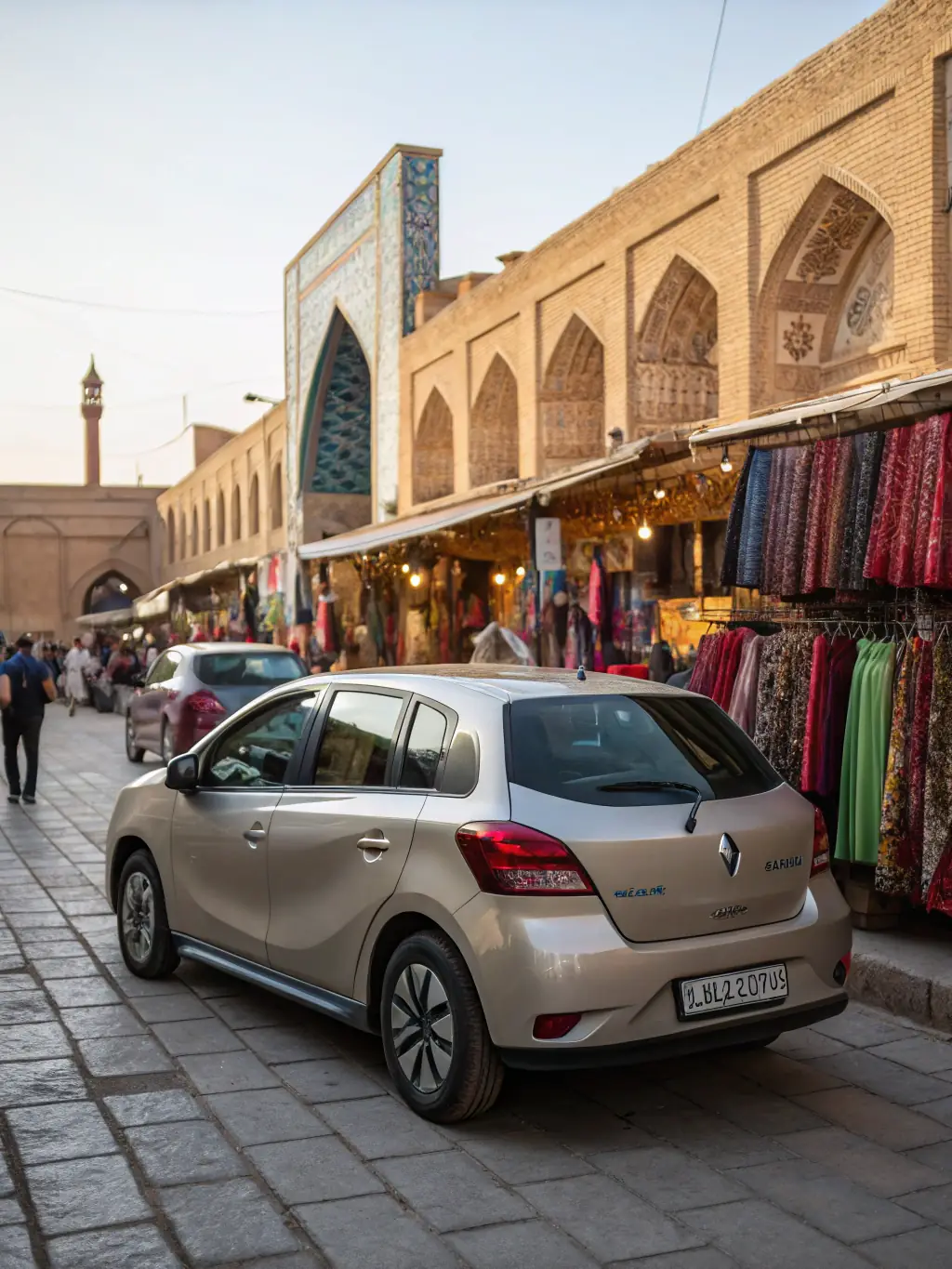 A stylish, white Renault Symbol compact car parked in a busy Tehran street, emphasizing its practicality and urban maneuverability.