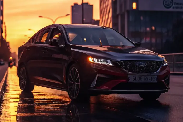 A sleek, silver Renault Megane sedan parked in front of a modern urban building in Tehran, showcasing its elegant design and urban appeal.