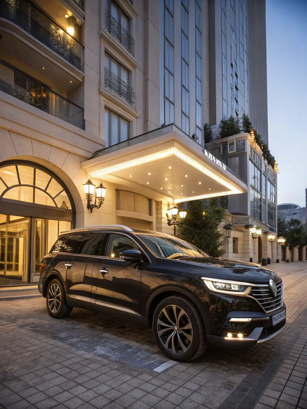 A modern Renault dealership exterior with several Renault cars parked in front, showcasing the dealership's signage and architecture.