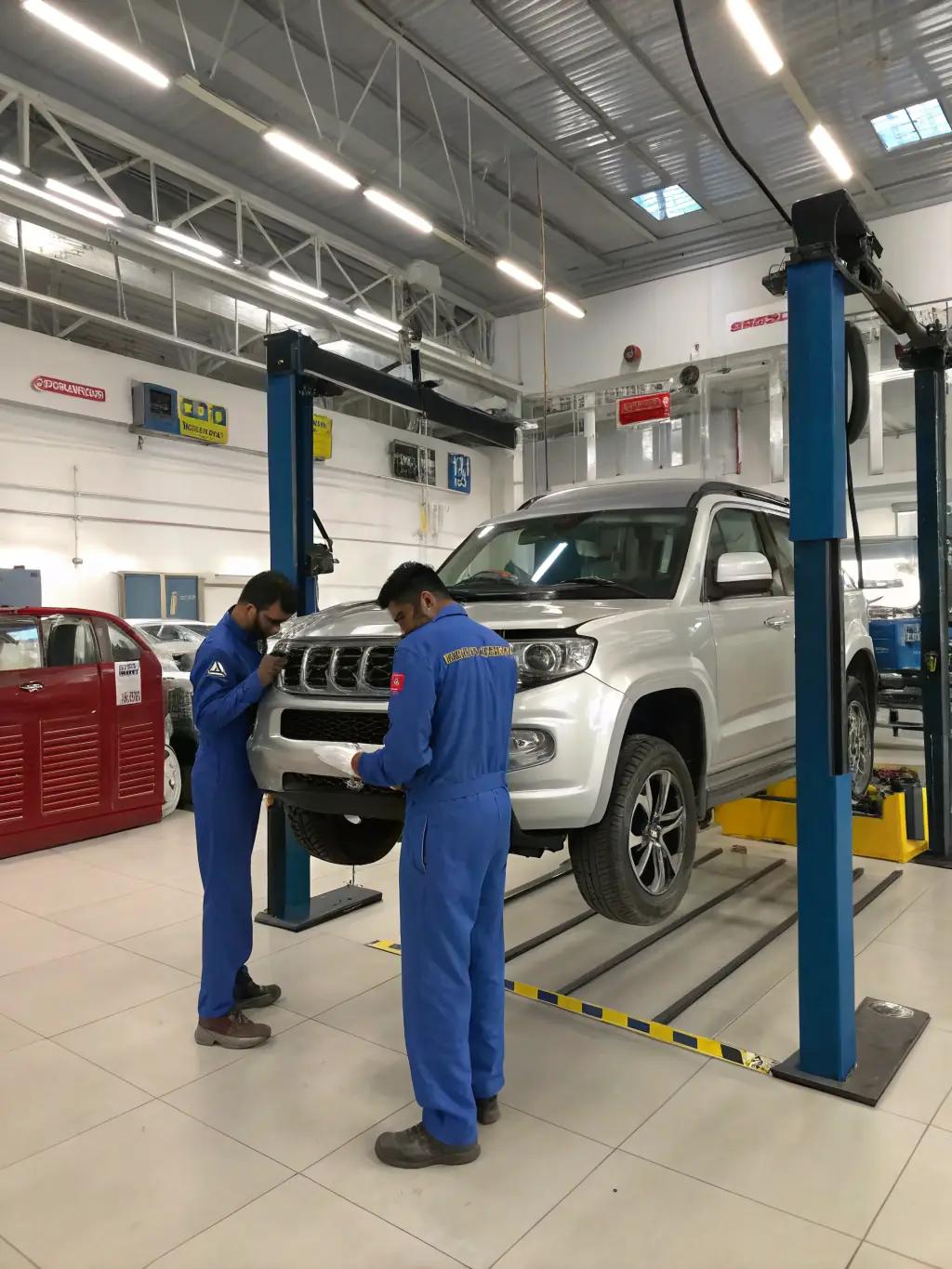 A Renault service center with mechanics working on Renault vehicles, showcasing the technical expertise and equipment available.