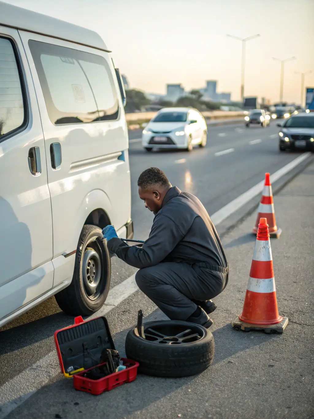 A Renault roadside assistance vehicle helping a customer on the side of the road, emphasizing roadside assistance services.