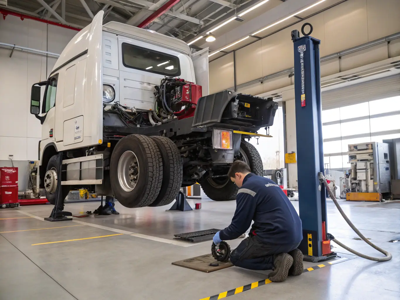 A Renault service center with mechanics working on a car, showcasing the after-sales service commitment of Renault Iran.