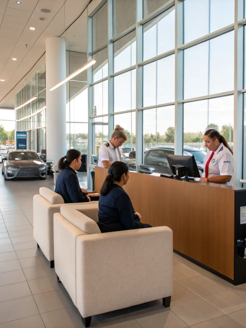 Interior view of a Renault dealership showing the customer service area with staff assisting customers and Renault branding elements.