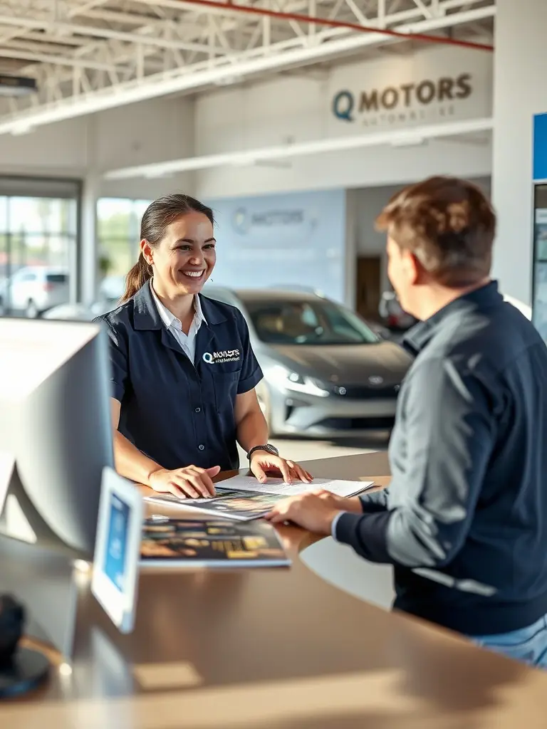 A customer service representative assisting a customer at a Renault dealership, highlighting customer support.