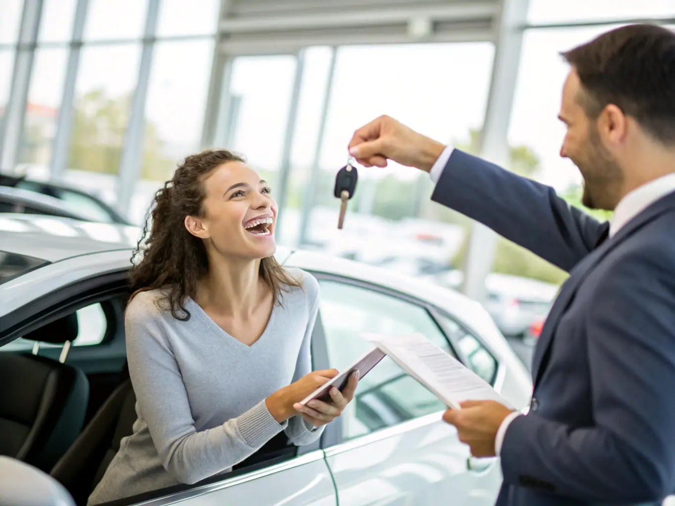 A customer service representative handing over car keys to a satisfied Renault owner after a warranty service, highlighting customer satisfaction.