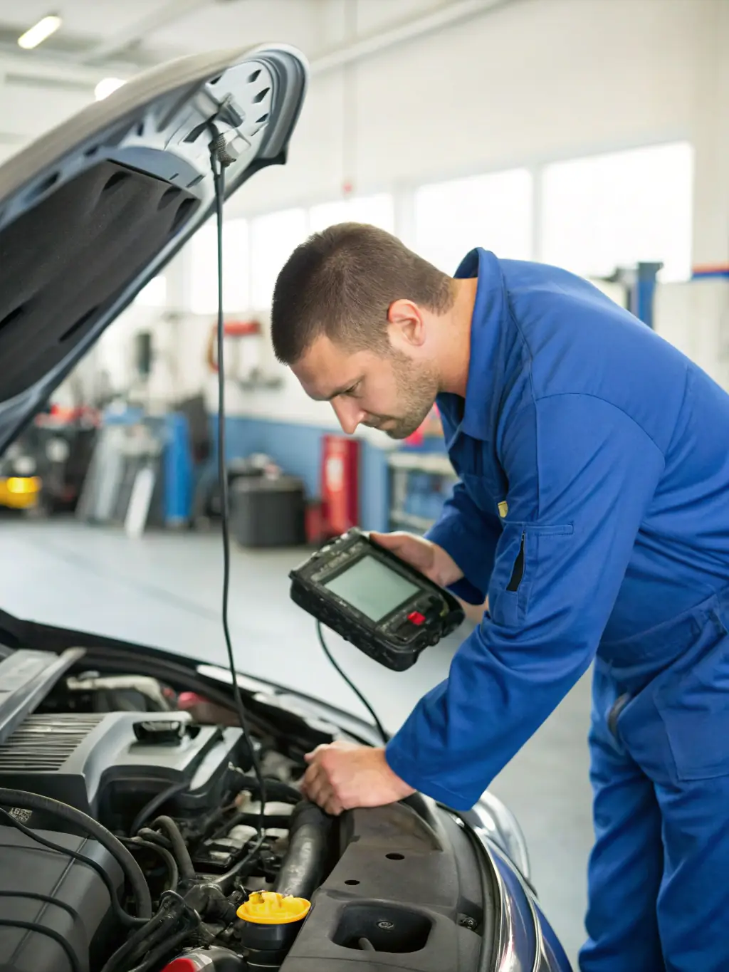 A Renault dealership service bay with a mechanic working on a car, showcasing after-sales service.