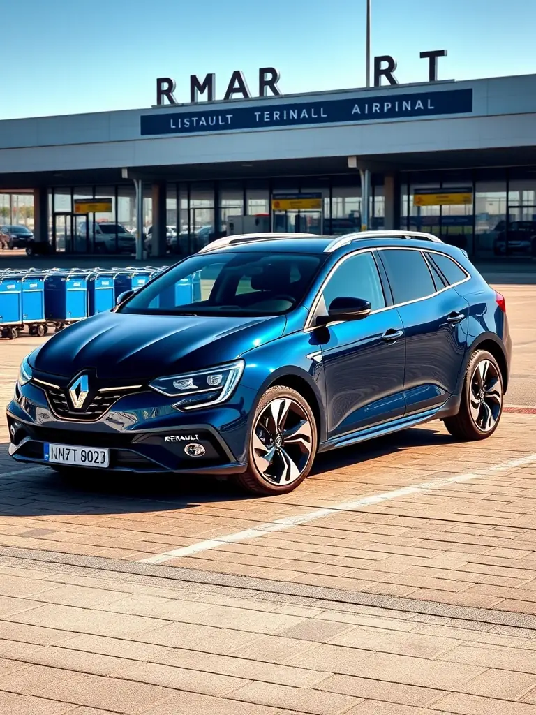 A Renault Megane sedan parked in front of a modern building, showcasing its elegant design and advanced features, with emphasis on its comfort and technology.