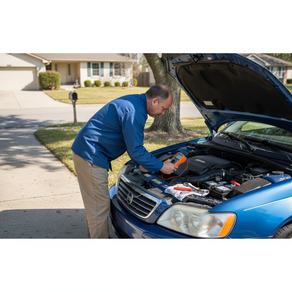مالک رنو در کنار خودرو با مولتی‌متر در حال بررسی باتری