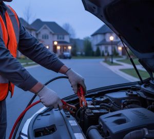 امداد باتری رنو در خیابان مسکونی شمال تهران با کابل‌های ایمن