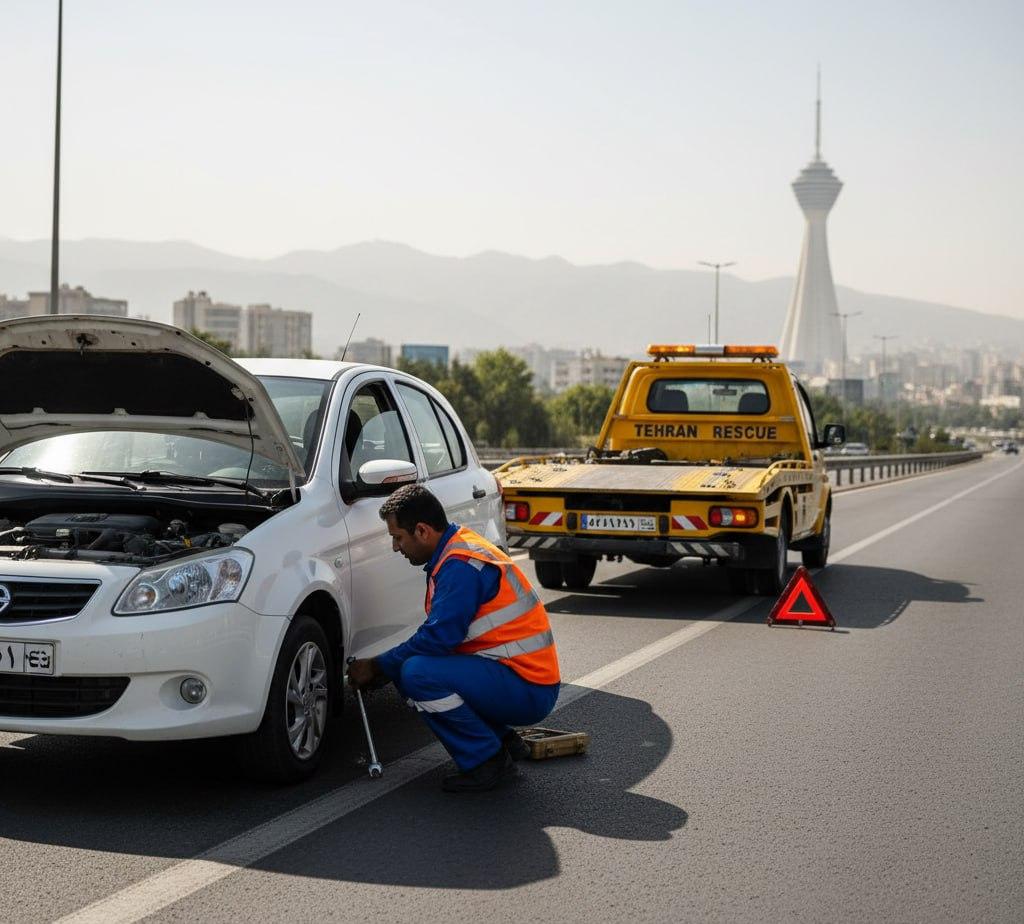 امداد خودرو رنو تهران؛ یدک‌کش کفی با پس‌زمینه برج میلاد
