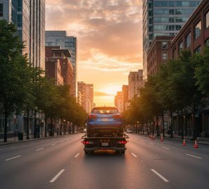 خودروبر تخت‌رو در منطقه ۲ تهران در حال حمل رنو به‌صورت ایمن