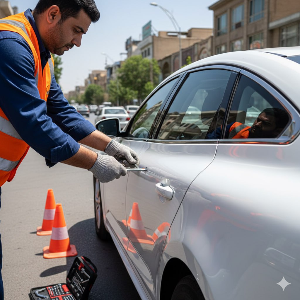 قفل‌کار تخصصی در حال باز کردن درب رنو کی‌لس در تهران