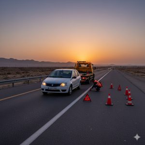امداد خودرو ال90 در جاده ایران با خودروبر تخت و علائم ایمنی