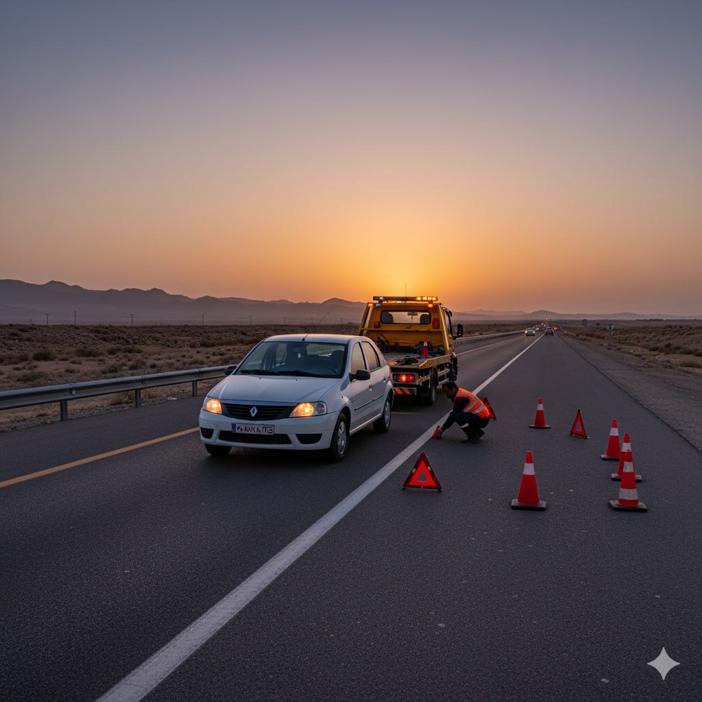 امداد خودرو ال90 در جاده ایران با خودروبر تخت و علائم ایمنی
