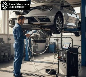 سرویس تعویض روغن گیربکس دوکلاچه EDC رنو با دستگاه سطح‌سنج در تعمیرگاه تهران