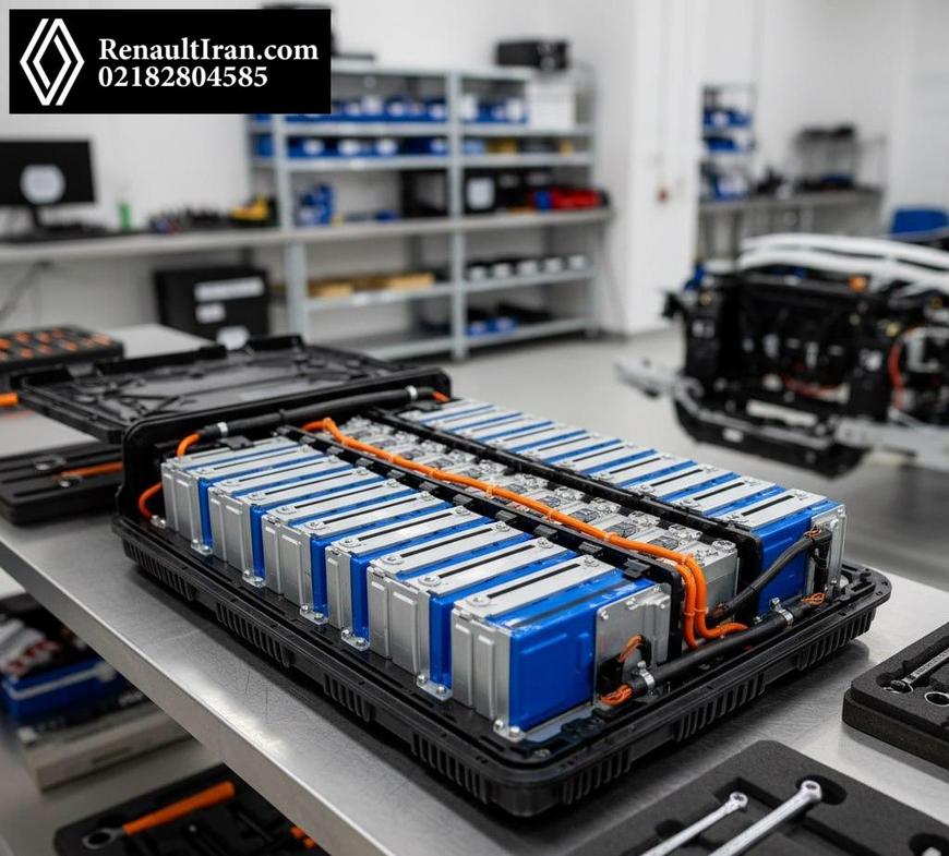 کلوزآپ از ماژول باتری خودرو برقی رنو با تأکید بر خنک‌کاری