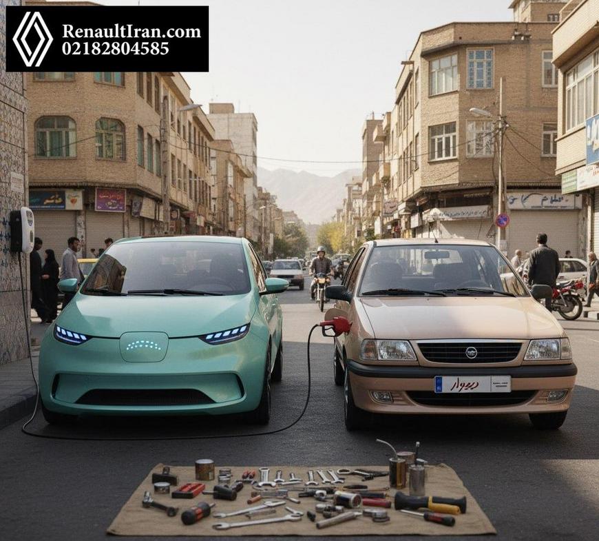 رنو برقی پارک شده کنار رنو بنزینی با تمرکز بر هزینه نگهداری