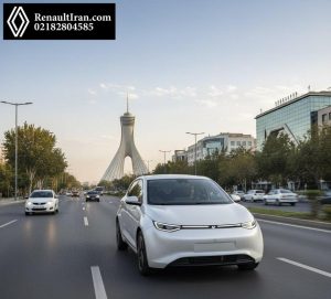 رنو برقی کوچک شهری در خیابان آرام تهران با پس‌زمینه برج میلاد