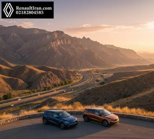 دو کراس اوور برقی رنو پارک شده در کنار بزرگراه تهران با کوهستان البرز در پس زمینه