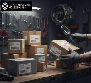 جعبه‌های لوازم یدکی رنو روی میز کارگاه با تمرکز بر جزئیات بسته‌بندی برای تشخیص اصل و تقلبی