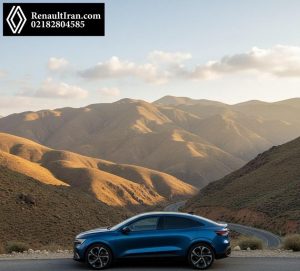 رنو مگان برقی E-Tech در کنار جاده کوهستانی ایران با آسمان نیمه ابری